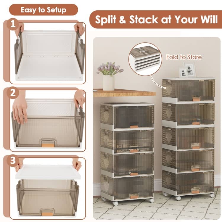 White-Brown PP and ABS Stackable Storage Bin with Wheels, Foldable Cubes