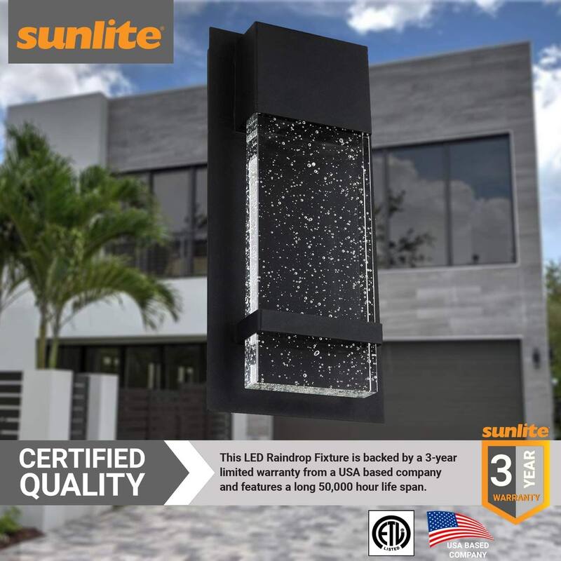 Sunlite 6.5 in. Wide Black LED Warm White (3000K) Modern Indoor Outdoor Wall Sconce with Rain Glass Panel