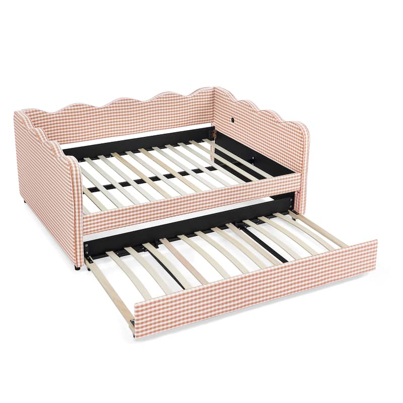 Full Size Gingham Daybed with Twin Trundle, USB Port, Wave Shaped Design & Linen Fabric - No Box Spring Needed