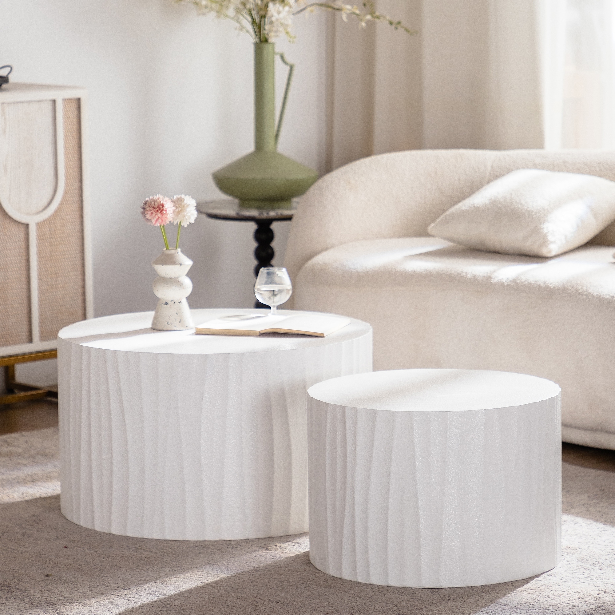 GDFStudio - Set of 2 Modern Round Wooden Nesting Coffee Table with Handcrafted Relief Design