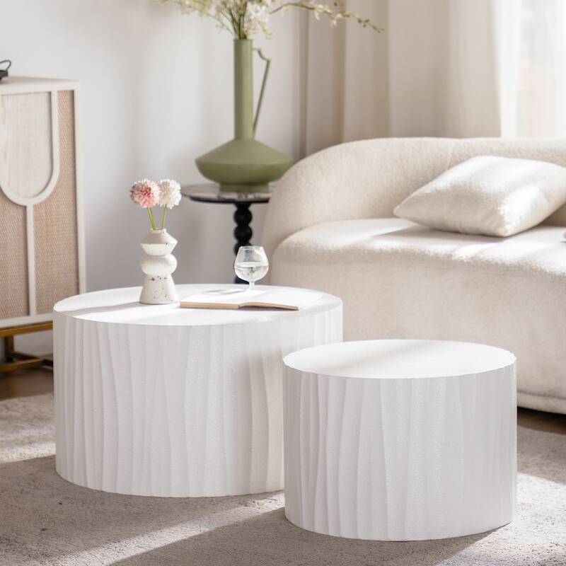 Set of 2 Round Wooden Nesting Coffee Tables - Modern Circle Design for Living Room - Beige