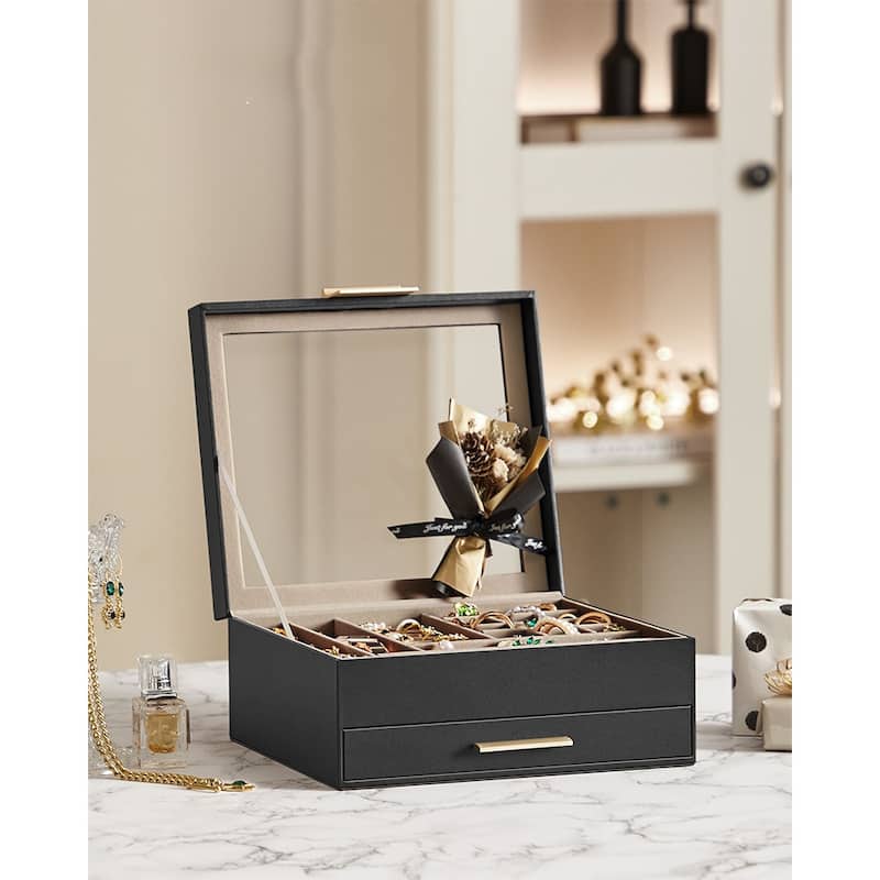 Modern Jewelry Organizer with Multiple Drawers Glass Top and Velvet Interior for Storage