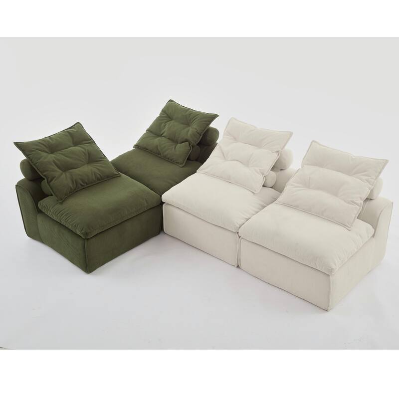 Modular 4-Seat Corduroy Sofa, Beige or Green, DIY, with Neck and Lumbar Pillows