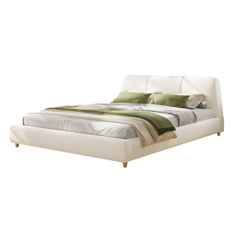 King Size Modern Upholstered Bed Frame with Linen Fabric and Solid Wood Legs, White