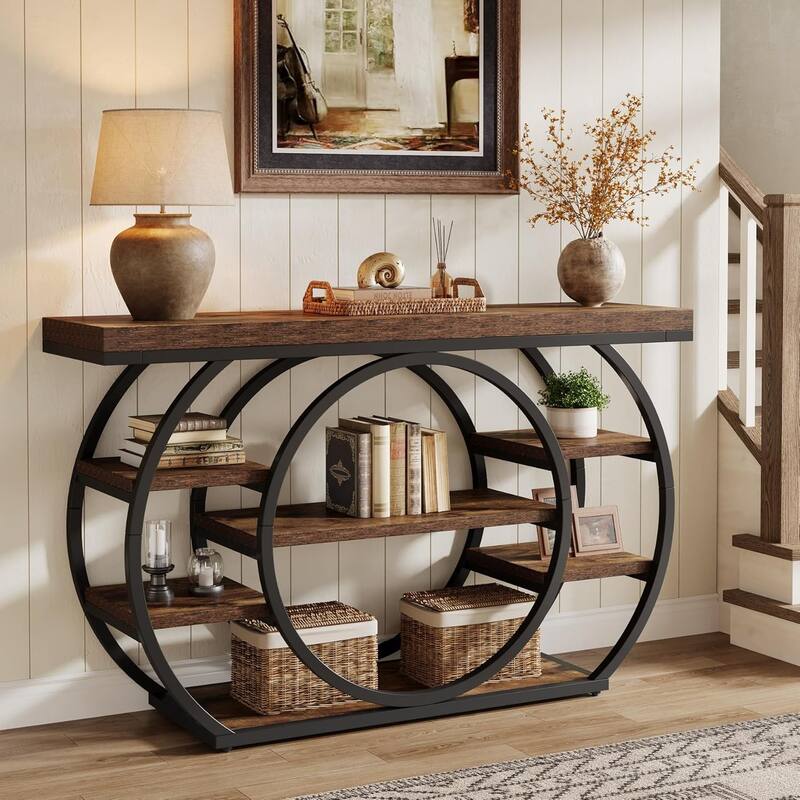 47 Inches Brown Engineered Wood Console Table, 5-Tier Industrial Entryway Table with Storage Shelves
