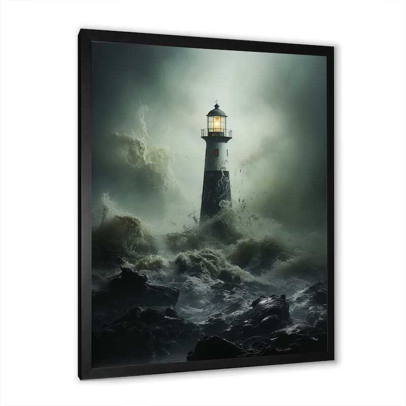 Designart "Lighthouse Battling The Stormy Waves I" Factories Framed Canvas Art Print