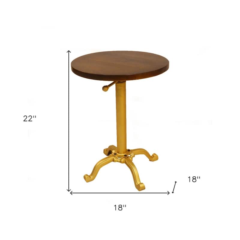 Dark Brown Wood Round End Table with Gold Iron Base and Adjustable Height - 18” x 18” x 22” (D x W x H)