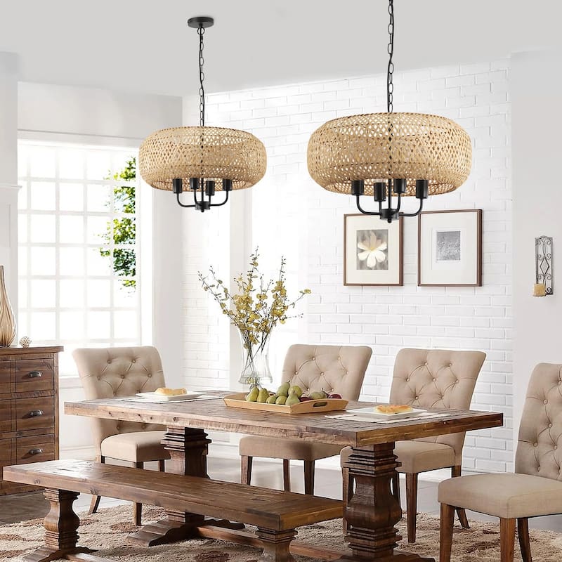 Farmhouse 4-Light Hand-Woven Natural Bamboo Pendant Light