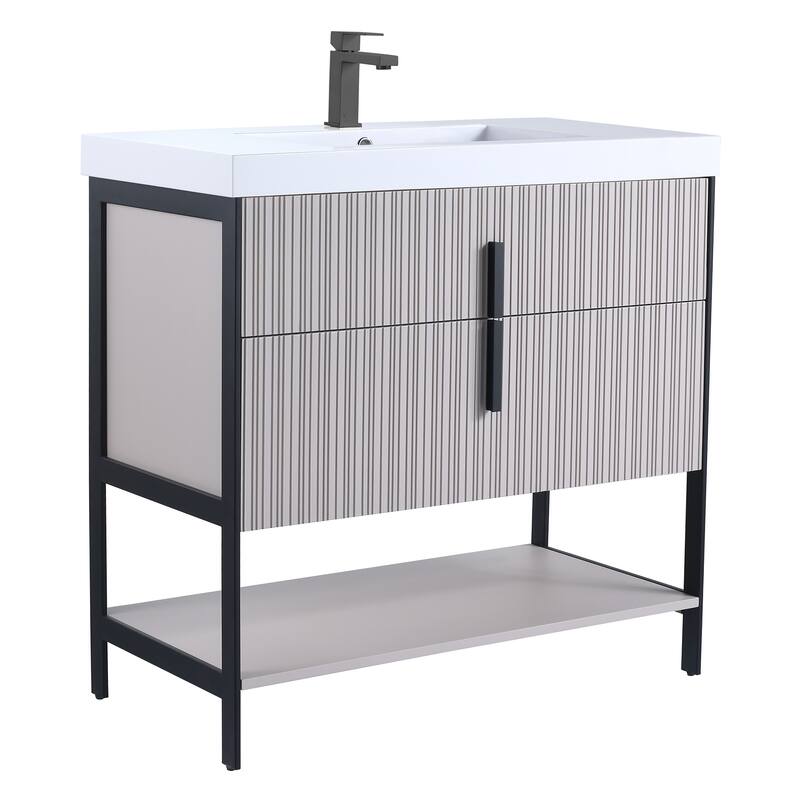Fine Fixtures Serenity Modern Bathroom Vanity with White Gel Acrylic Top - Bright Taupe - Black Hardware - 36 inch