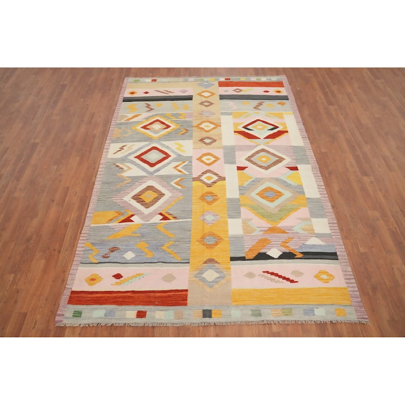 Hand Woven Oriental 100% Wool Carpet Southwestern Tribal Multi-Colored Kilim Area Rug - 8' 10'' X 5' 10''