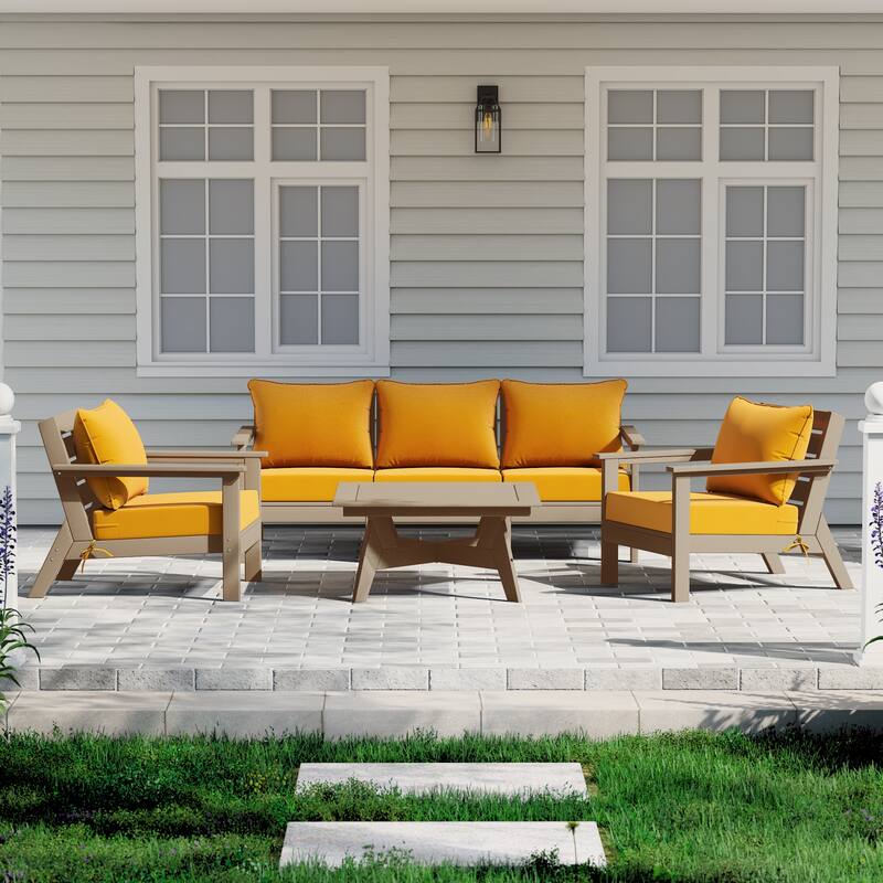 Birchwood All Weather HDPE Outdoor Patio Weathered Wood Deep Conversation Set (6-Piece Set) - Weathered Wood/Yellow