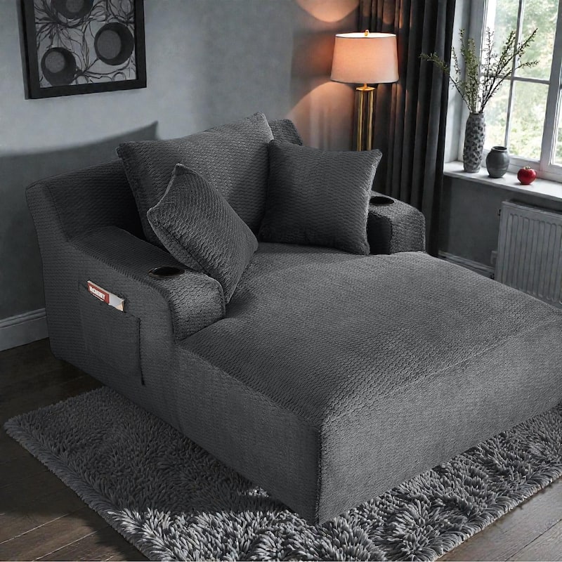 Oversized Chaise Lounge Chair Indoor, No Assembly Sleeper Sofa with Faux Fur Upholstery for Living Room or Office - Dark Grey