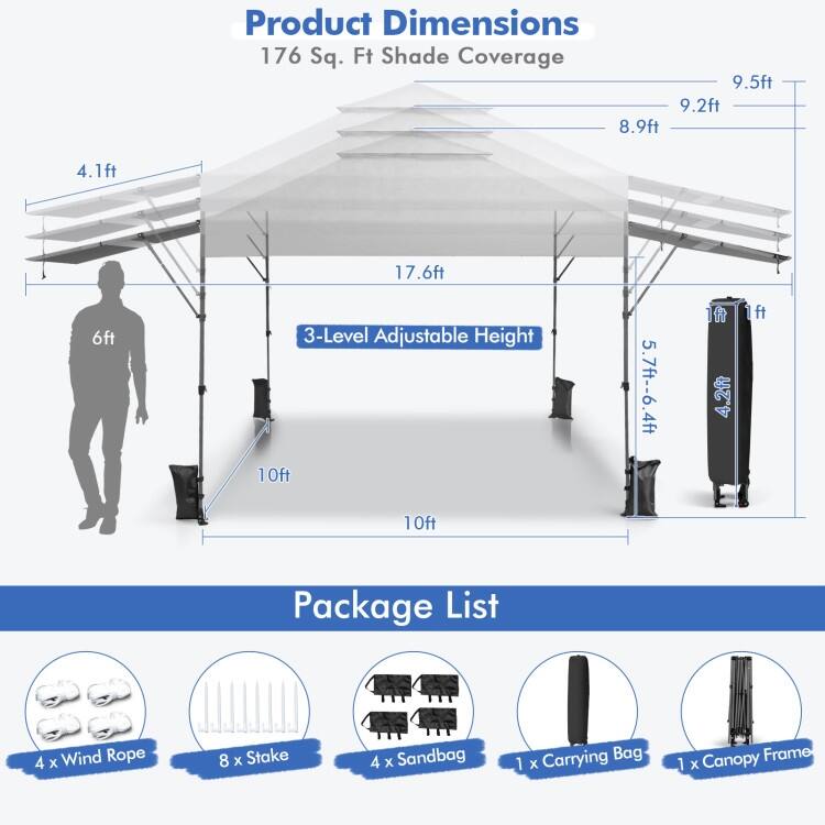 Outdoor Pop Up Canopy Tent with Side Awnings 10x17.6 Ft for Patio or Beach - 10 x 17.6 x 8.9-9.5 ft