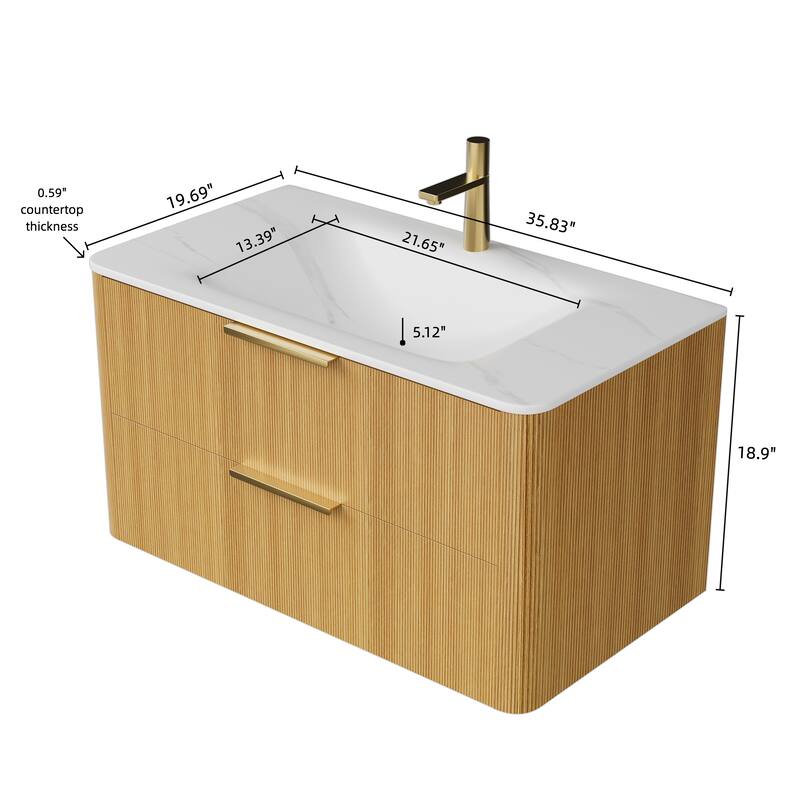 GDF Studio - Zane Bathroom Vanity with Ultra-Pinstriped Drawer Fronts & Carrara White Sintered Stone Basin, WITHOUT Faucet