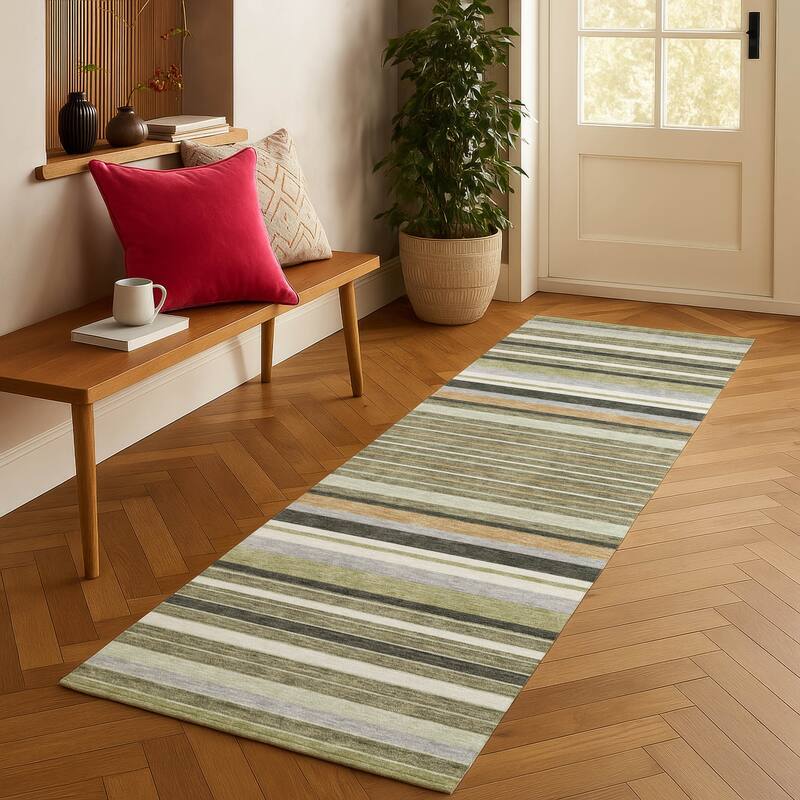 Machine Washable Indoor/ Outdoor Modern Stripes Chantille Rug