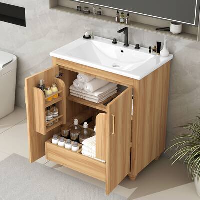 30" Bathroom Vanity with Sink Combo, Natural Finish, Freestanding Cabinet with Doors, Drawer, and Adjustable Shelf