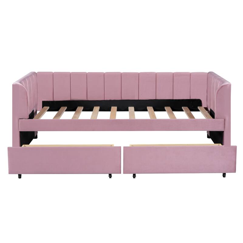 Twin Upholstered Daybed with Stripe Headboard, Ergonomic Backrest, and 2 Drawers for Storage, Ideal for Small Spaces