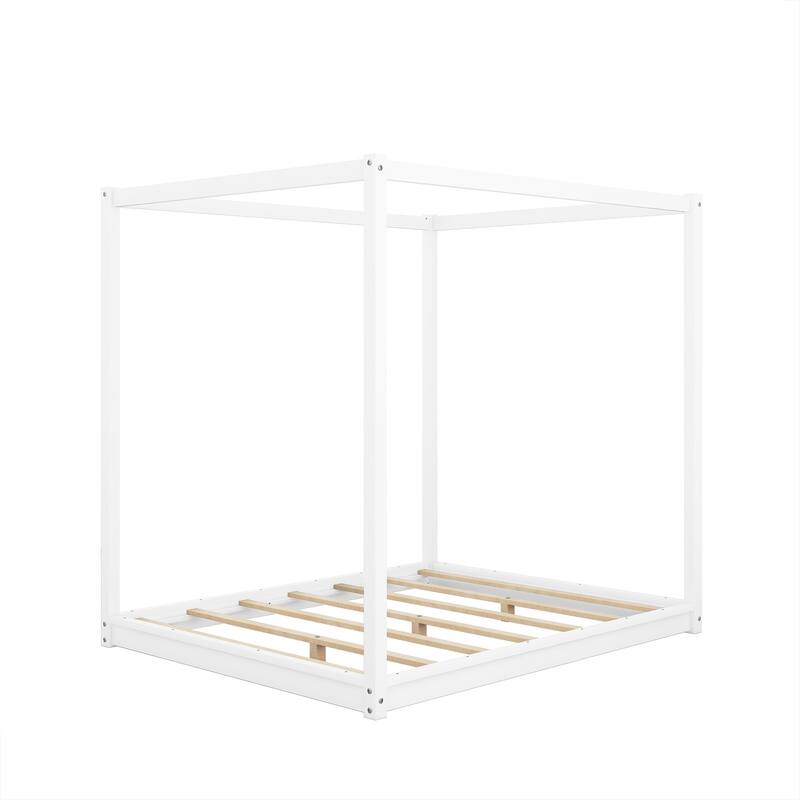 Queen Size Canopy Platform Bed with Support Legs in White, Sturdy Pine Wood and MDF Design