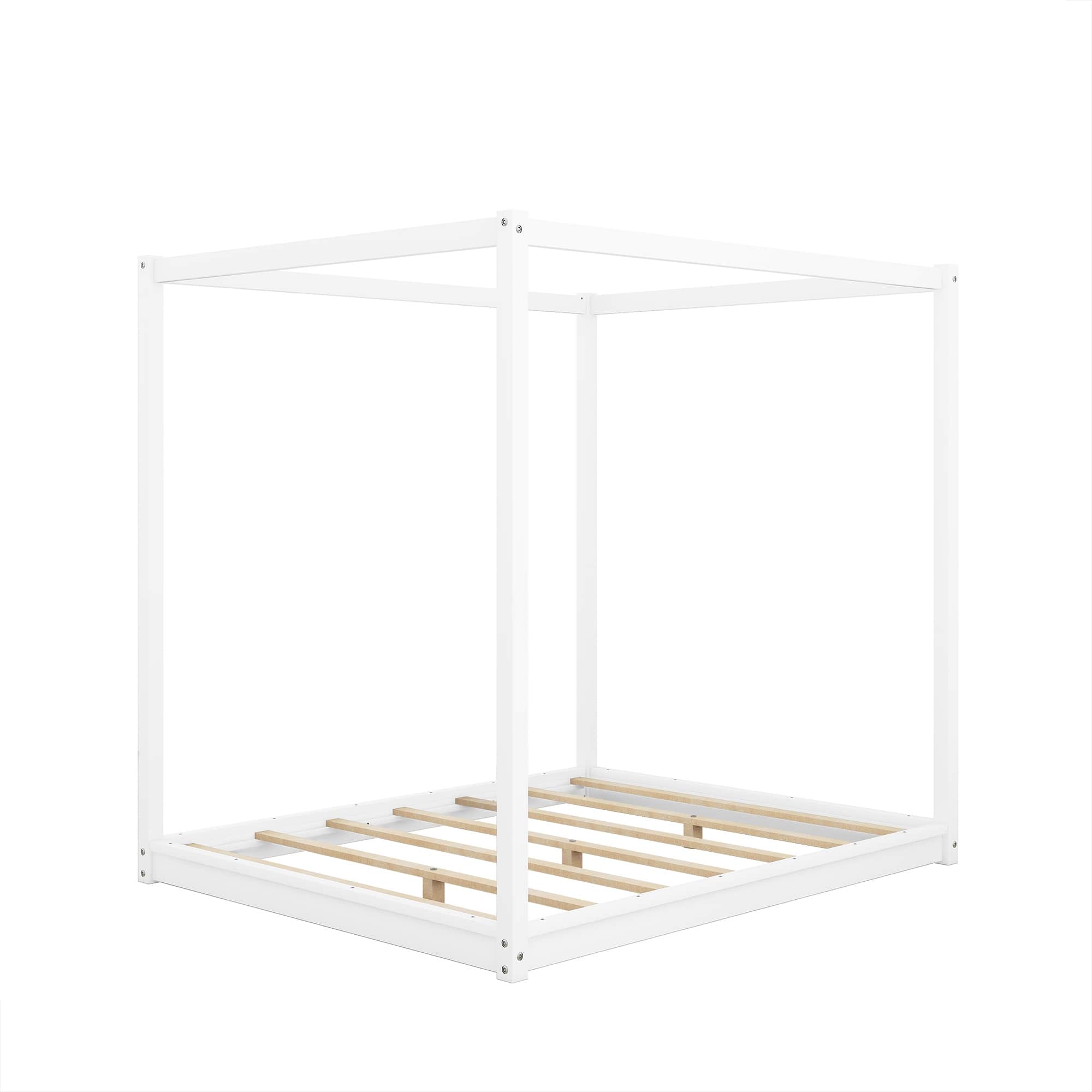 Queen Size Modern Floor Wooden Canopy Platform Bed with Support Legs