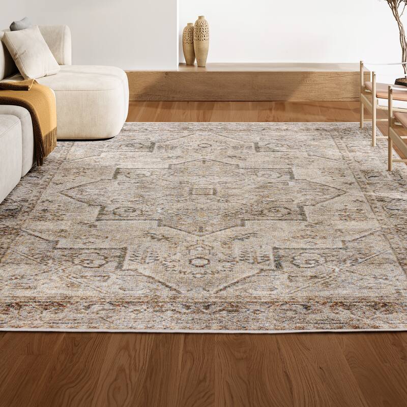 JONATHAN Y Retro Vintage Native American Medallion Machine-Washable Cream/Brown Area Rug