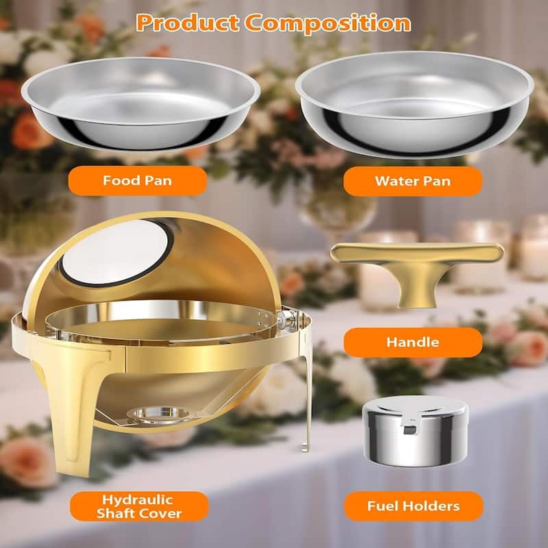 6.3 QT Round Roll - Top Chafing Dish Buffet Kit In Gold with a Transparent Glass Panel - 6L