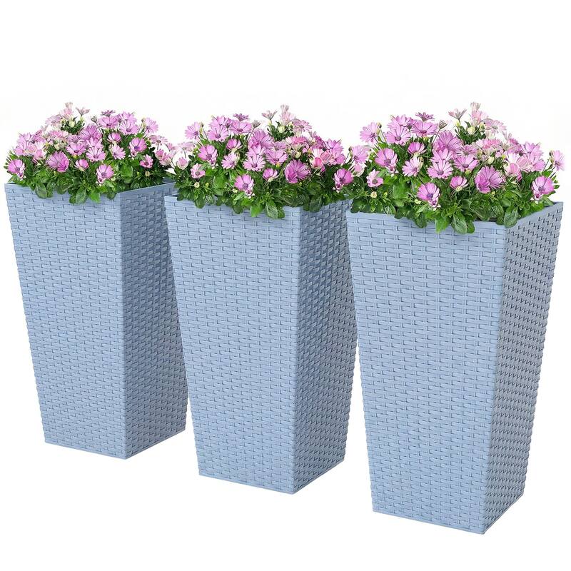 Outsunny Tall Planters for Outdoor Plants Set of 3, 24 In Taper Planters with Drainage Holes, Rattan Decor Plant Pots