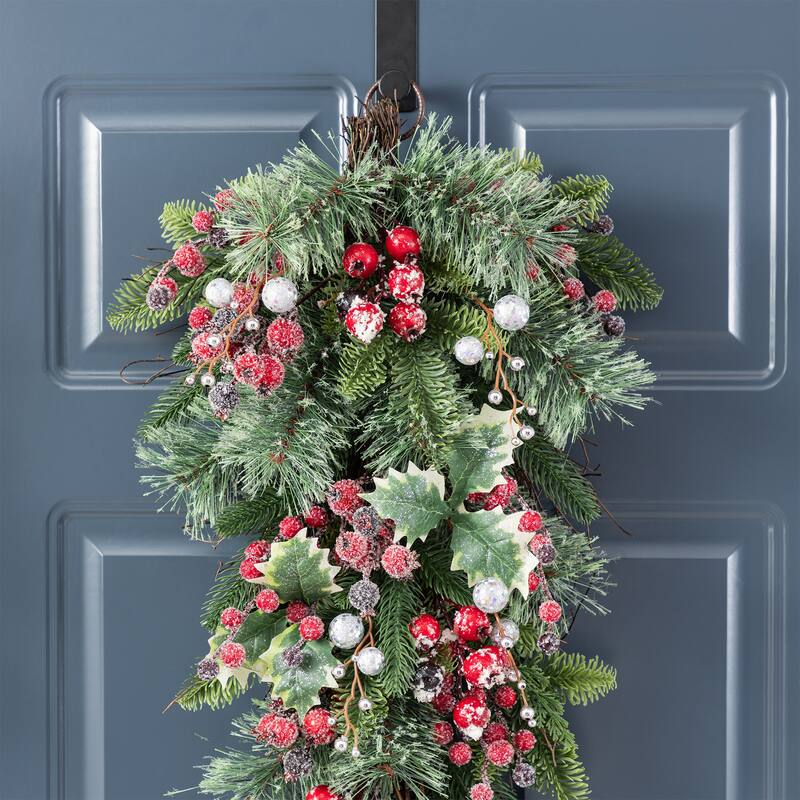 Glitzhome Christmas Berry Bow Pinecone Bell Holy Leaf Teardrop Swag Xmas Wreath
