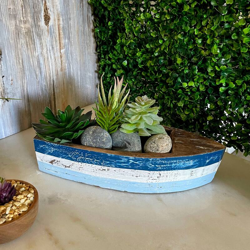 12 Inch Wooden Boat Tray Nautical Blue Coastal Decor Centerpiece - 2.5 X 12 X 5.25 inches