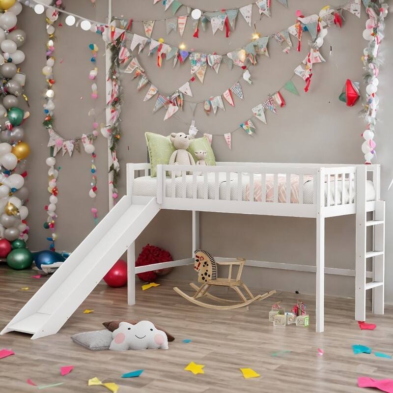 Soild Pine Wood Kids Bed Twin Size Low Loft Bed with Vertical Design Kids Furniture Ladder and Slide, White