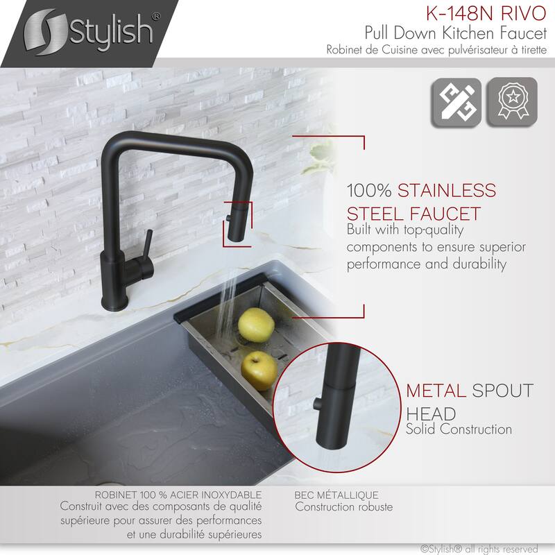 STYLISH Kitchen Sink Faucet Single Handle Pull Down Dual Mode in Stainless Steel - Faucet Height: 14 3/8" | Spout Height: 7 7/8"