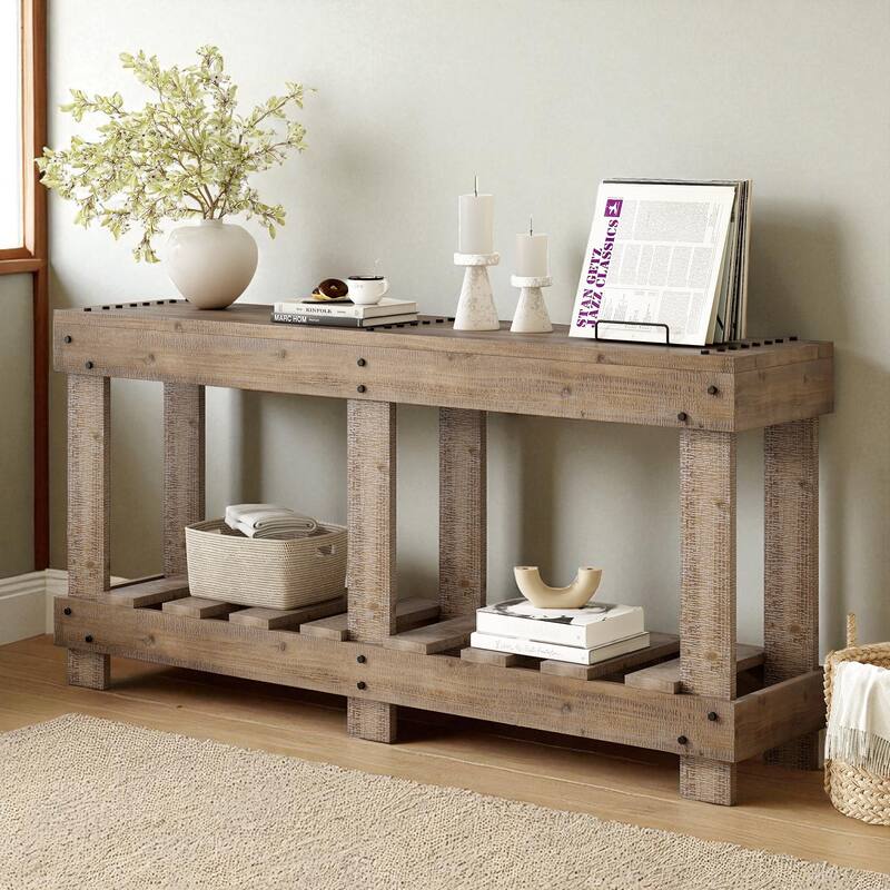 62.9" Vintage Fir Wood Entryway Console Table with Metal Rivet Accents, 6 Legs and Open Shelf Storage