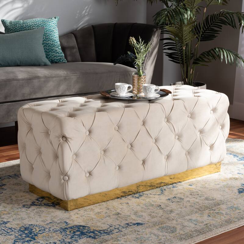 Corrine Glam and Luxe Velvet Fabric and Gold PU Leather Ottoman