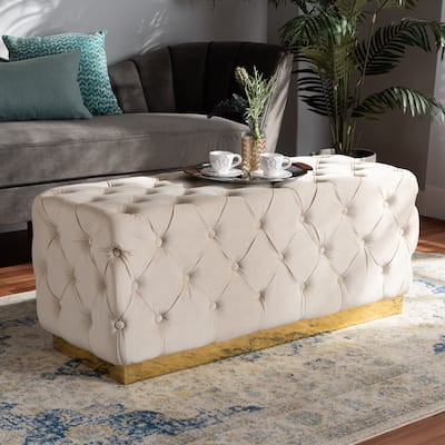 Corrine Glam and Luxe Velvet Fabric and Gold PU Leather Ottoman