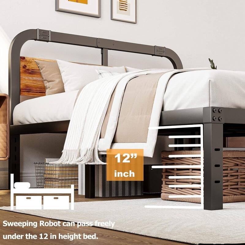 Black Metal Platform Bed Frame with Rustic Wood Headboard and Strong Steel Slats Under Bed Storage