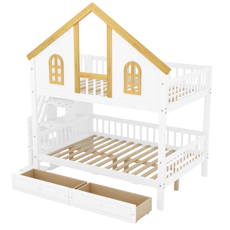GDFStudio -DreamCottage Modern Wooden House Roof Bunk Bed with Storage Drawers and Staircase
