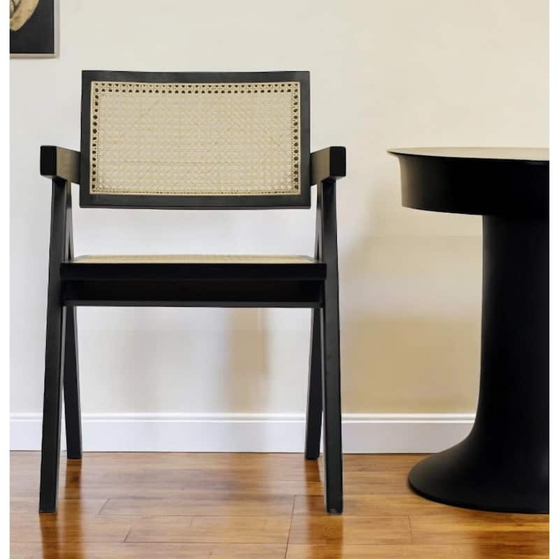 Modern Rattan Dining Armchair with Solid Wood Legs and Open Back for Dining Room or Living Room - 21"L x 22"W x 31"H