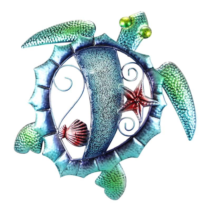 Blue and Green Mosaic Glass Sea Turtle 15 Inch Wall Art Decor - Multi