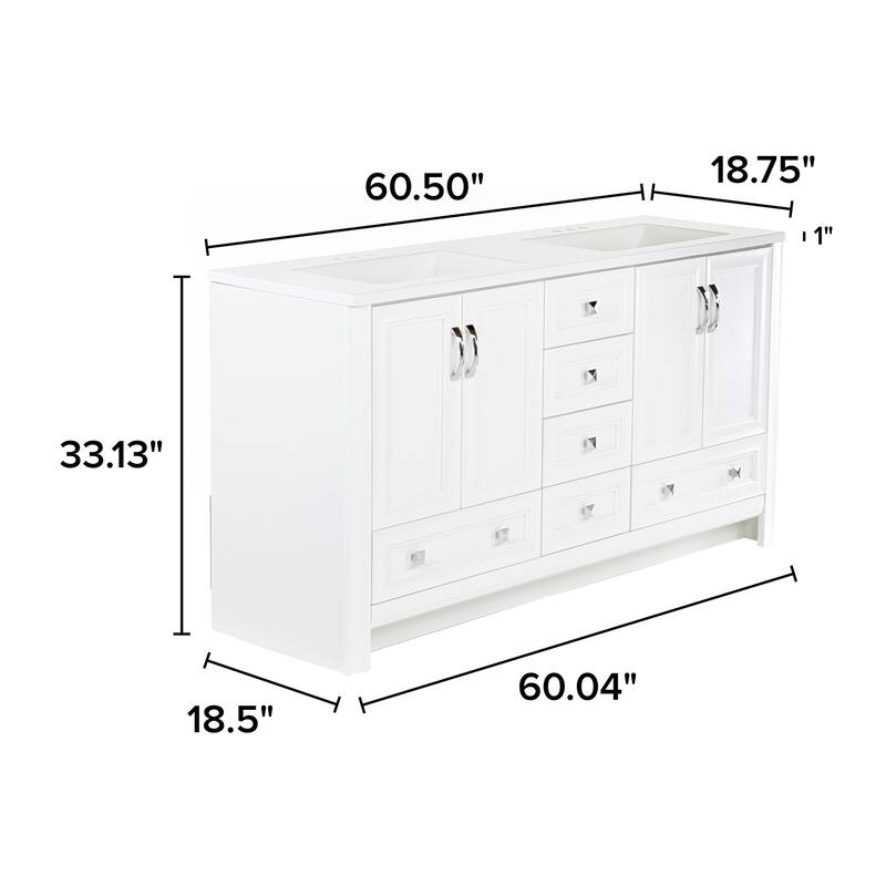Spring Mill Cabinets Nimay 60.5" Double Bathroom Vanity With 5 Drawers, 2 Cabinets, and White Sink Top