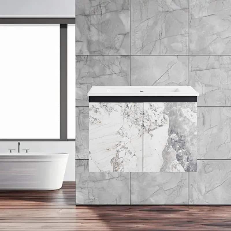 24 Inch Wall-Mounted Vanity with Ceramic Sink, Soft-Close Hinges & Triple Doors for Bathrooms - Marbling