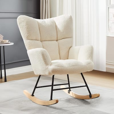 Rocking Chair, Soft Glider, Ergonomic Modern Accent Reading Recliner, Teddy Fabric with Armrest & Wide Backrest for Nursery
