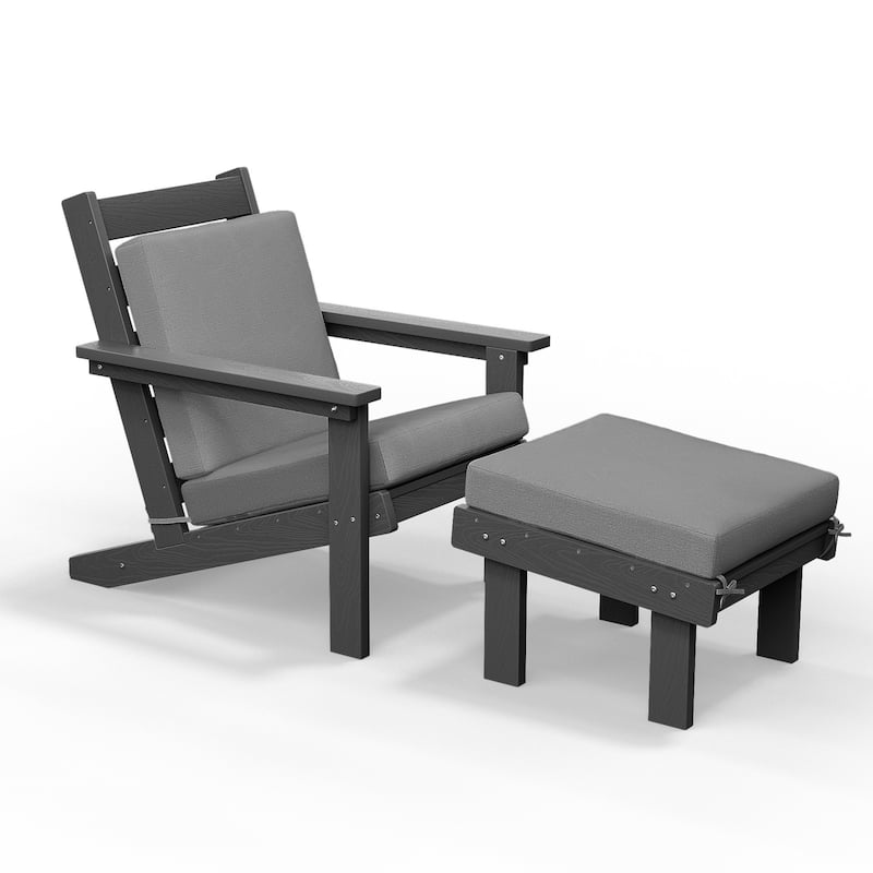 Outdoor Patio HDPE Chair Set with a Movable Ottoman & Removable Cushions - Charcoal