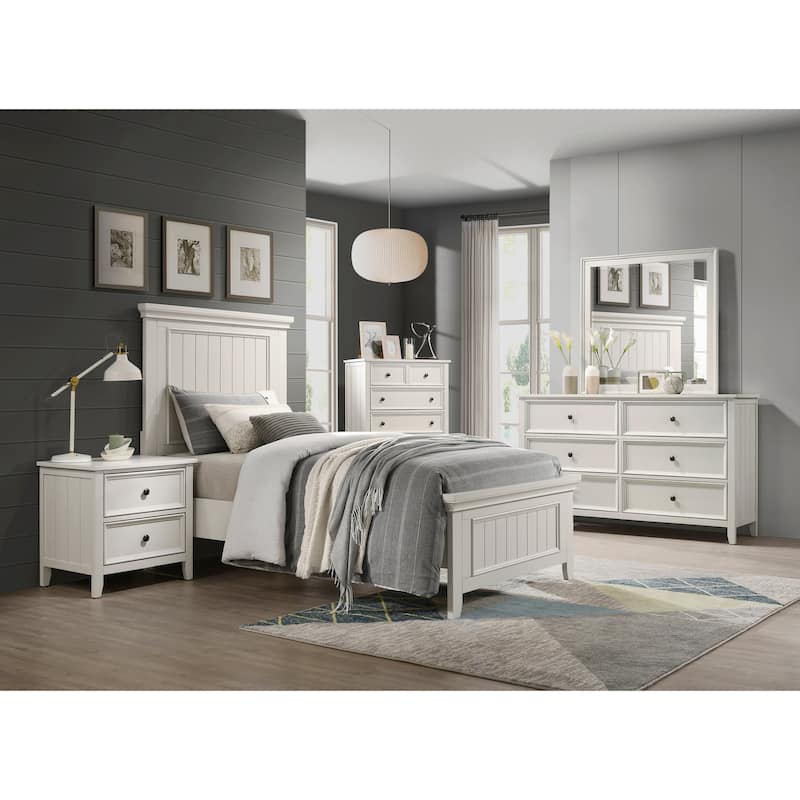 White Finish 4pc Bedroom Set Bed Nightstand Dresser Mirror - Twin