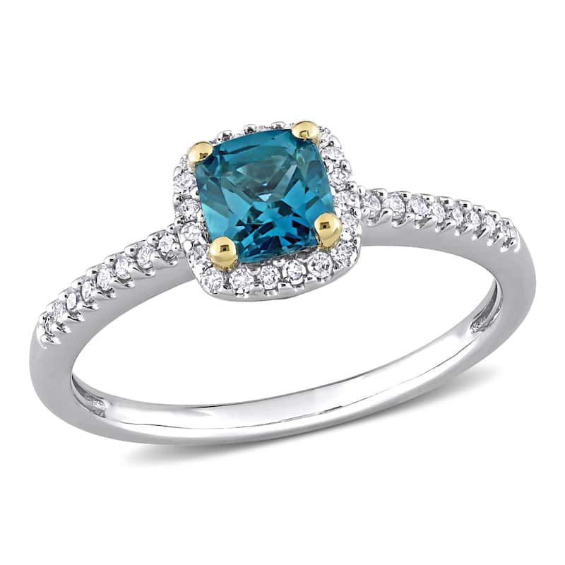 Miadora Cushion London-Blue Topaz and 1/6ct TDW Diamond Halo Engagement Ring in 2-Tone 10k Gold
