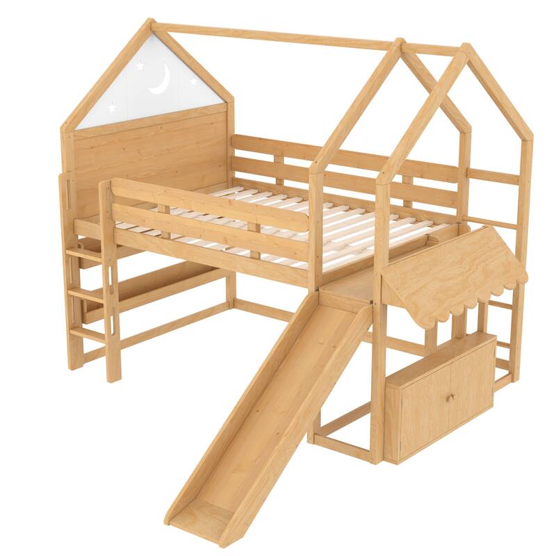 Full Size Loft Bed with Bookshelf, Playful Design for Kids, House-Shaped Structure with Slide High-Quality Safety Rails