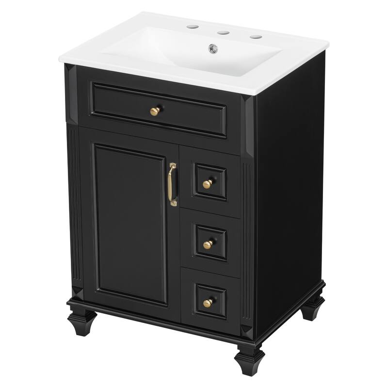 24"Bathroom Vanity with Sink, Freestanding Vanity Cabinet with Flip-Out Drawer, 3 Drawers & Storage Cabinet, Ceramic Sink Top