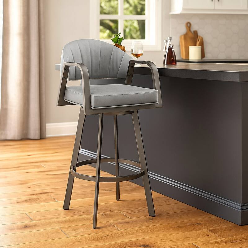 Marcy Swivel Counter Stool Chair, Gray Tufted Faux Leather