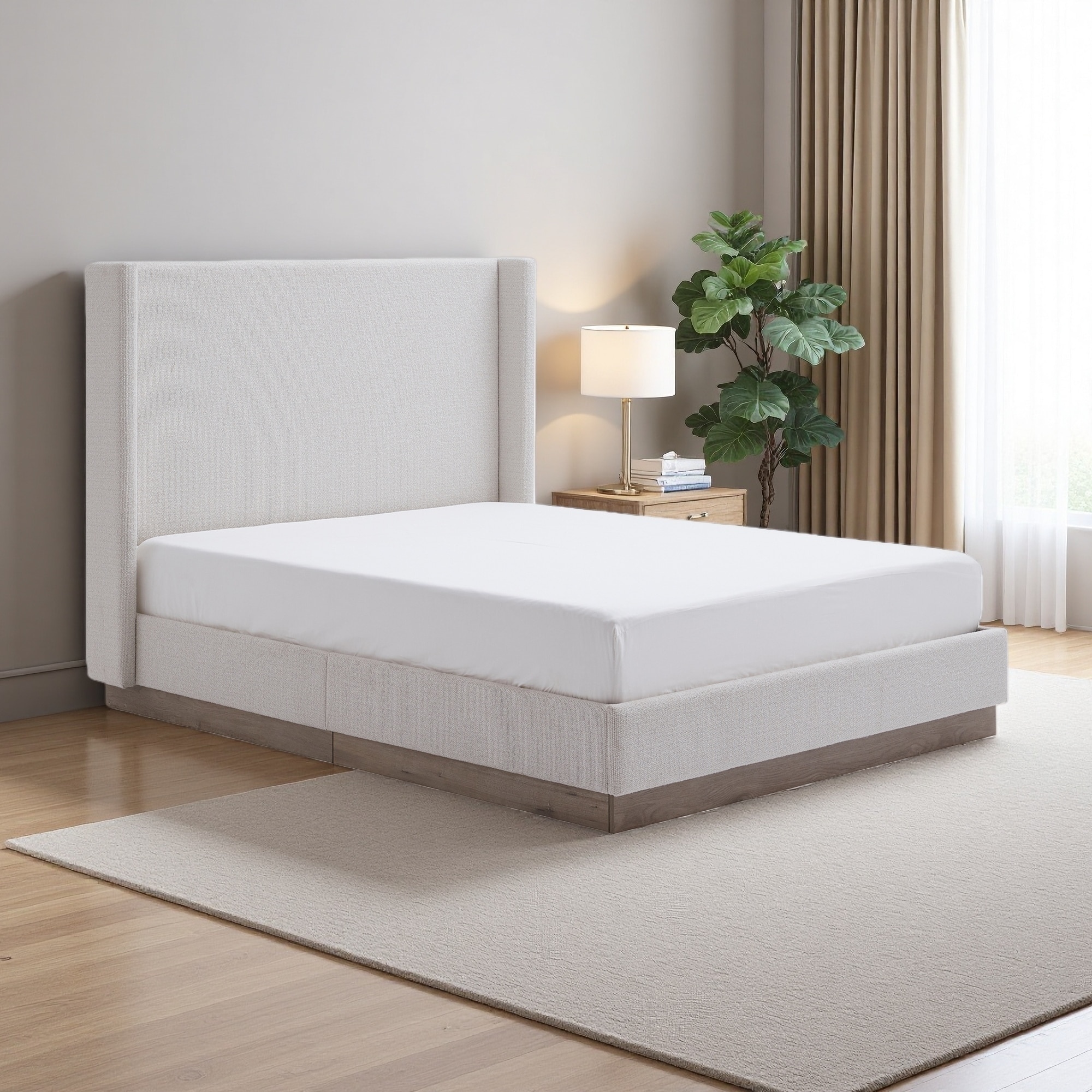 Full Size Upholstered Wingback Bed, Wood Base Platform, 52.5" High Headboard, Textured Ivory Canvas, No Box Spring Needed