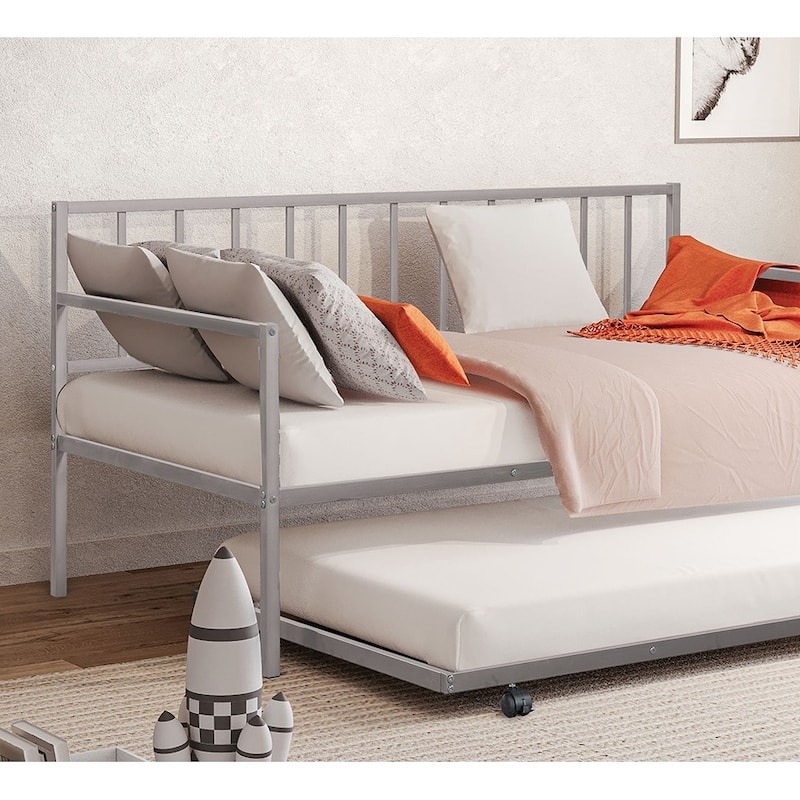 Silver Metal Twin Size Daybed with Trundle, Contemporary Style