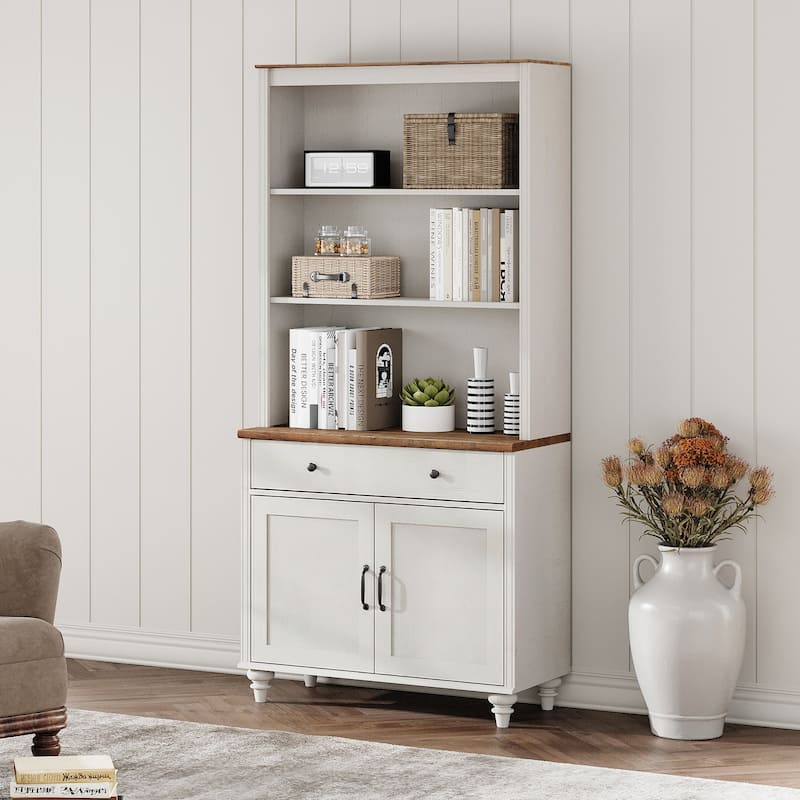 White Bookcase with Doors, Large Wood Farmhouse Book Case Shelf