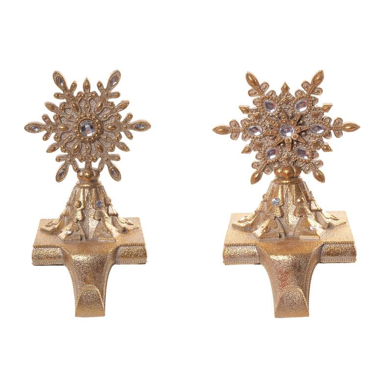Set of 2 Gold Jeweled Snowflake Stocking Holder 9"